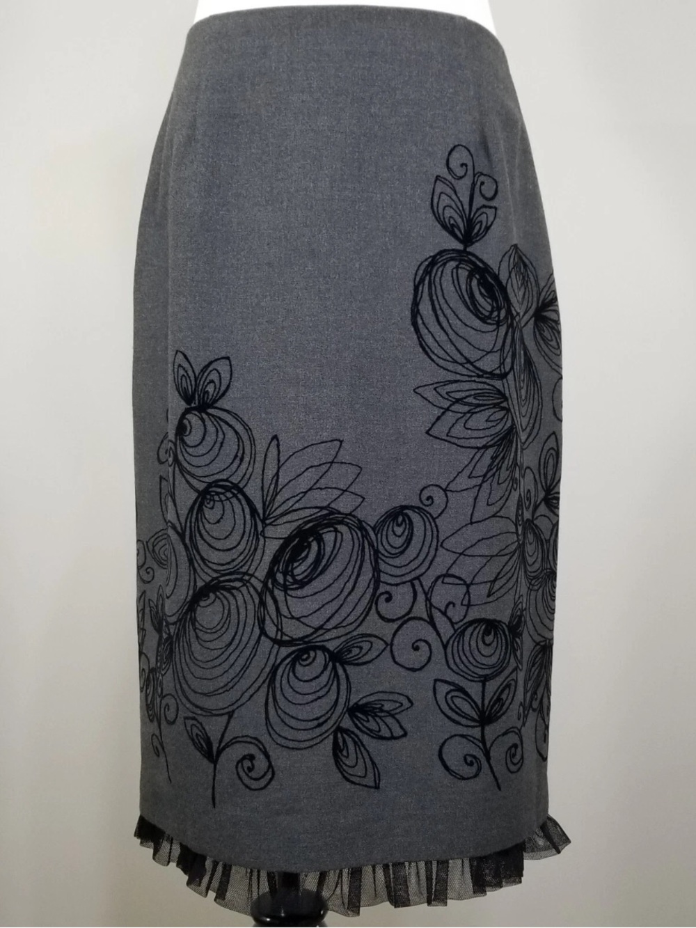 Gray Floral Pencil Skirt with Black Embroidery and Tulle Trim